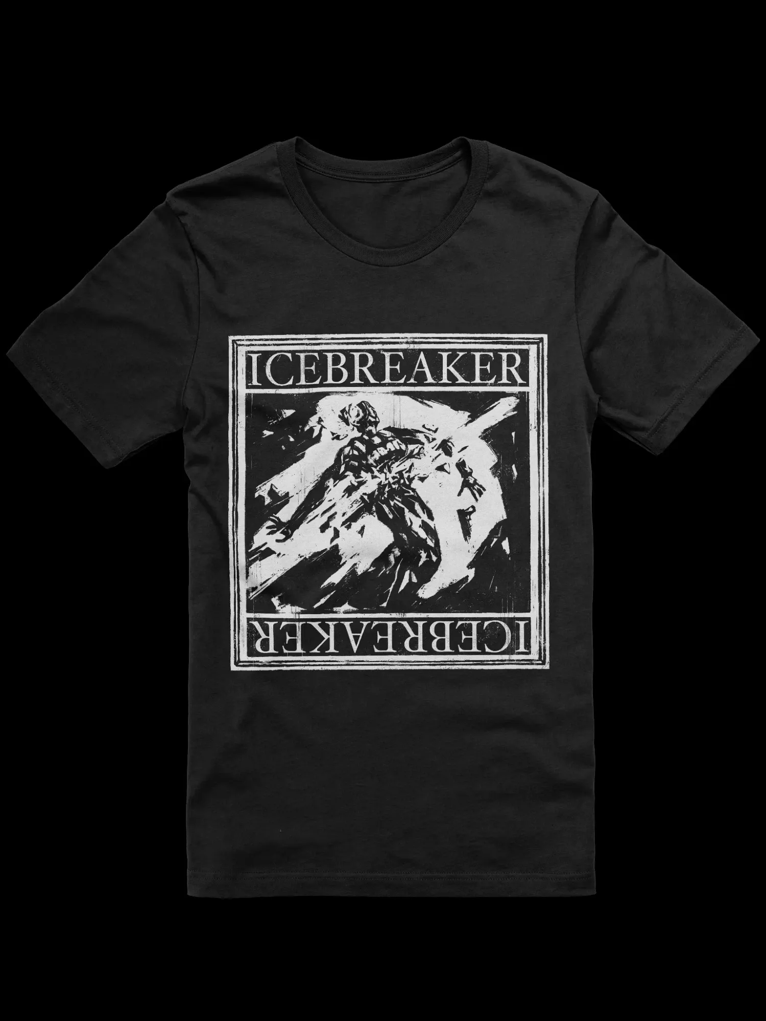 A black t-shirt featuring a humanoid figure made of ice being shattered. Under the image, it says ICEBREAKER.