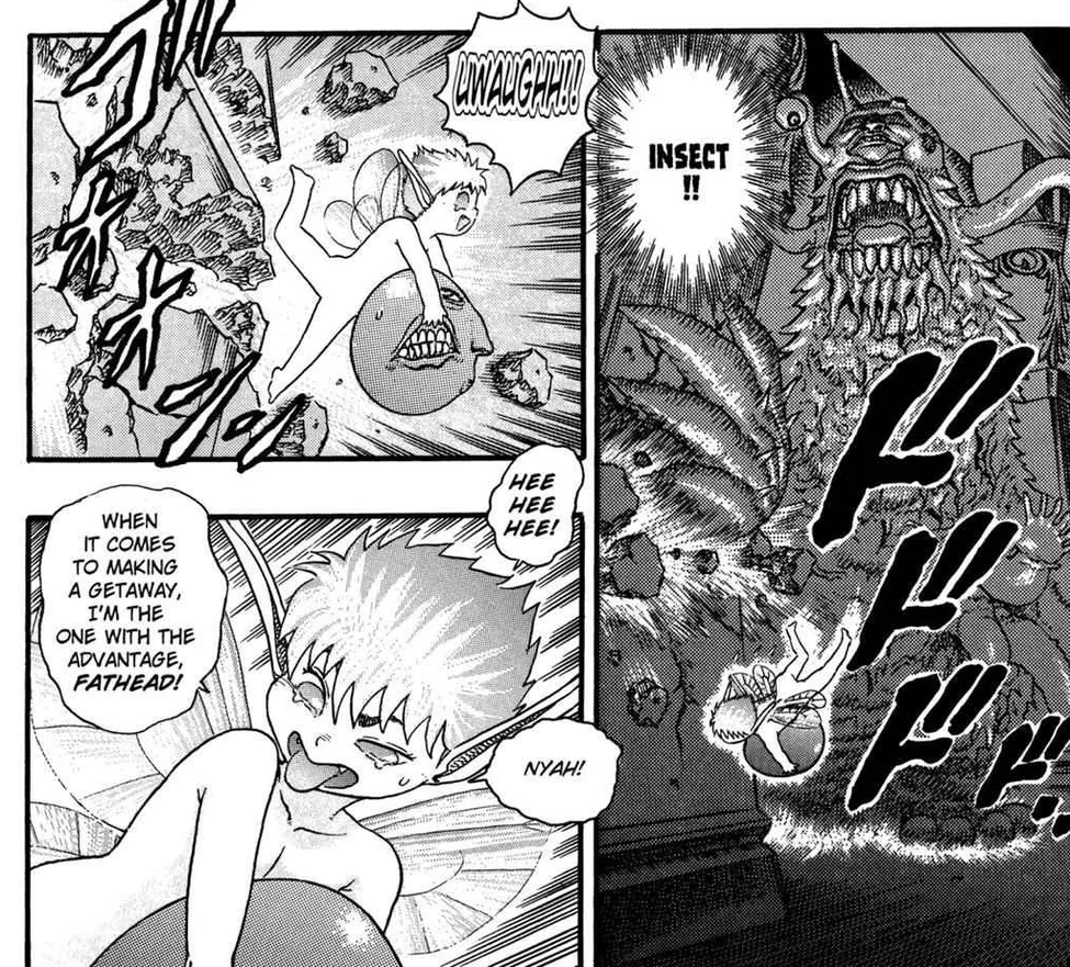 A fairy, carrying a strange egg straining facial features appended to it, escapes froma big monster. He calls back "When it comes to making a getaway, I'm the one with the advantag,e fathead!"