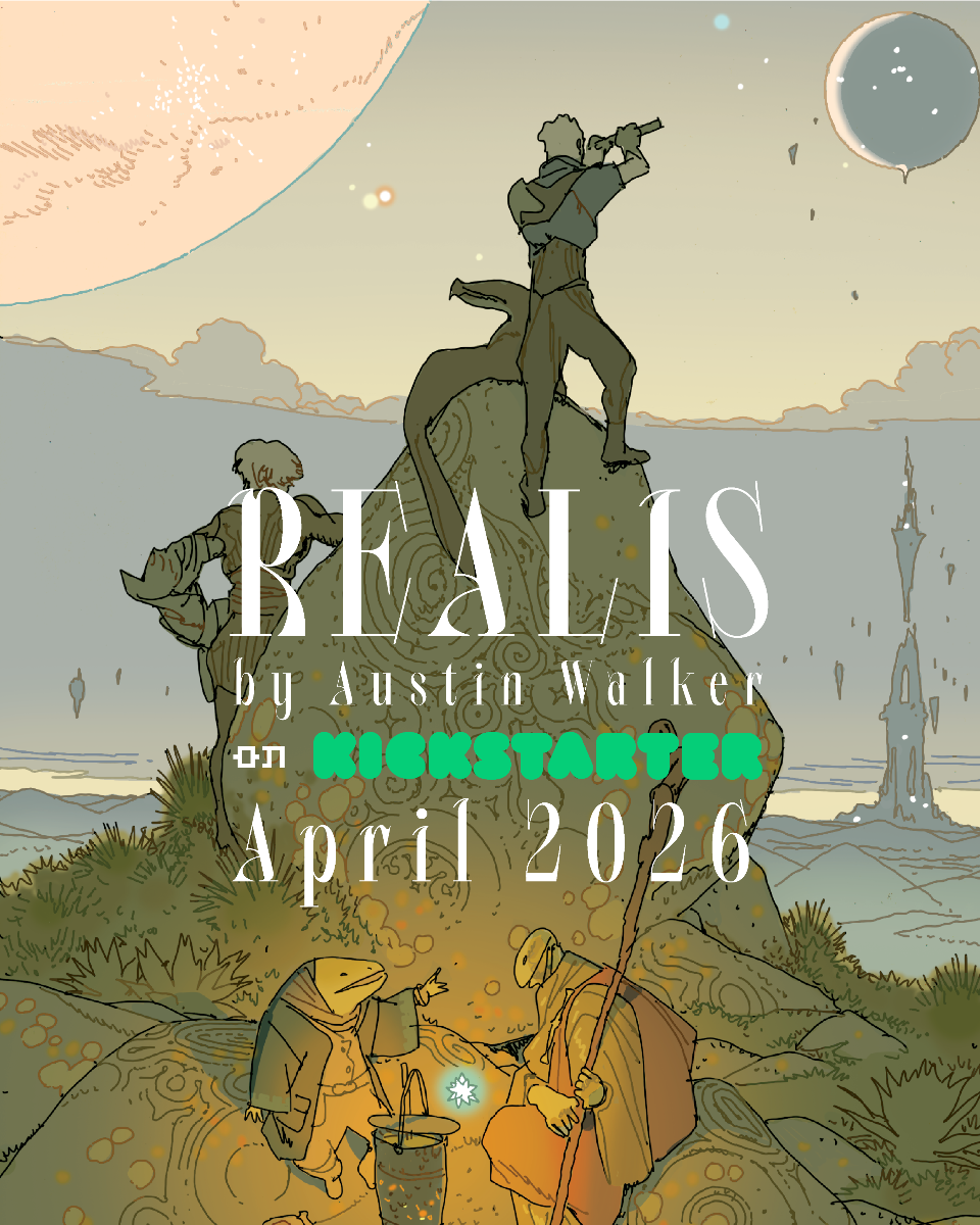 A group of adventurers including a large woman with a monstrous arm, a little reptilian weirdo, a robotic priest, and a guy with a lizard-dog companion, look out at an alien horizon.