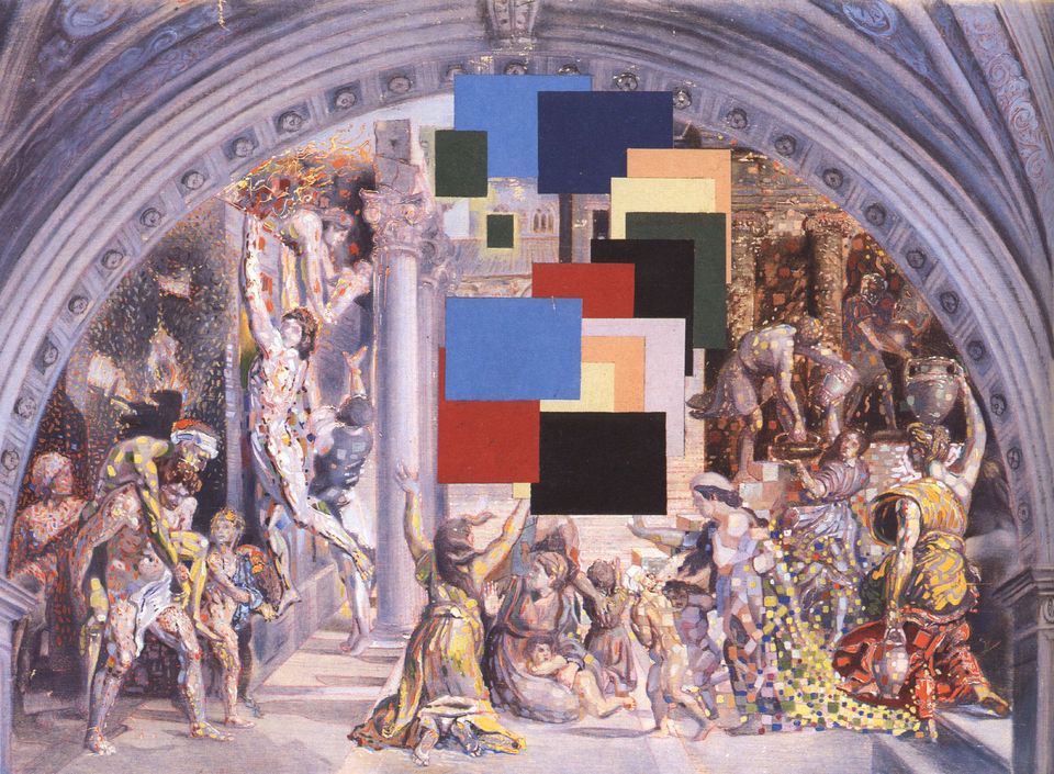 "Athens Is Burning! The Fire in the Borgo" by Dali, which modifies Raphael's painting with hard-edged, flat colored shapes.